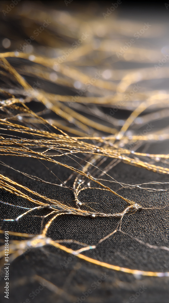 Poster close-up of gold metallic threads on dark fabric, creating a textured, interwoven pattern, suggestin
