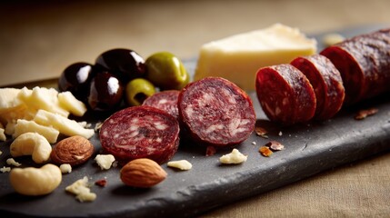 Rustic board featuring gourmet appetizers assortment of dry salami olives cheese and nuts