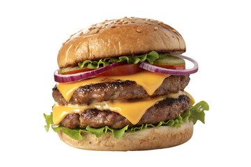 A juicy double cheeseburger, a culinary masterpiece of melted cheese, savory patties, and crisp lettuce, all nestled in a perfectly toasted sesame bun. Bright, clean studio lighting.