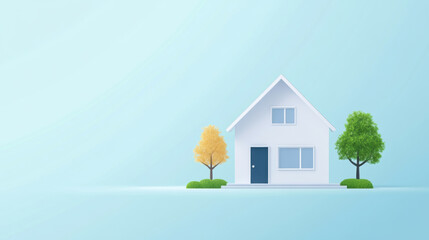 minimalist illustration of small white house with blue door, flanked by two trees on light blue background, evokes sense of tranquility and simplicity