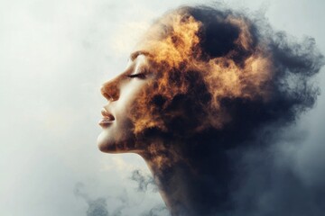 This artistic image features a serene woman in profile, surrounded by swirling smoke, creating an ethereal and dreamy atmosphere. A blend of beauty and imagination.
