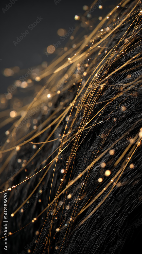 Poster close-up of dark fibers interwoven with thin, gold strands and shimmering lights, creating a luxurio