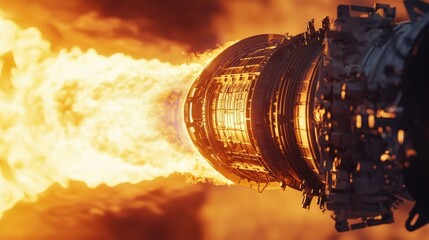 A high-powered rocket engine emits a bright flame as it undergoes testing at a launch facility in the evening. The fiery exhaust showcases the intense power generated during the process