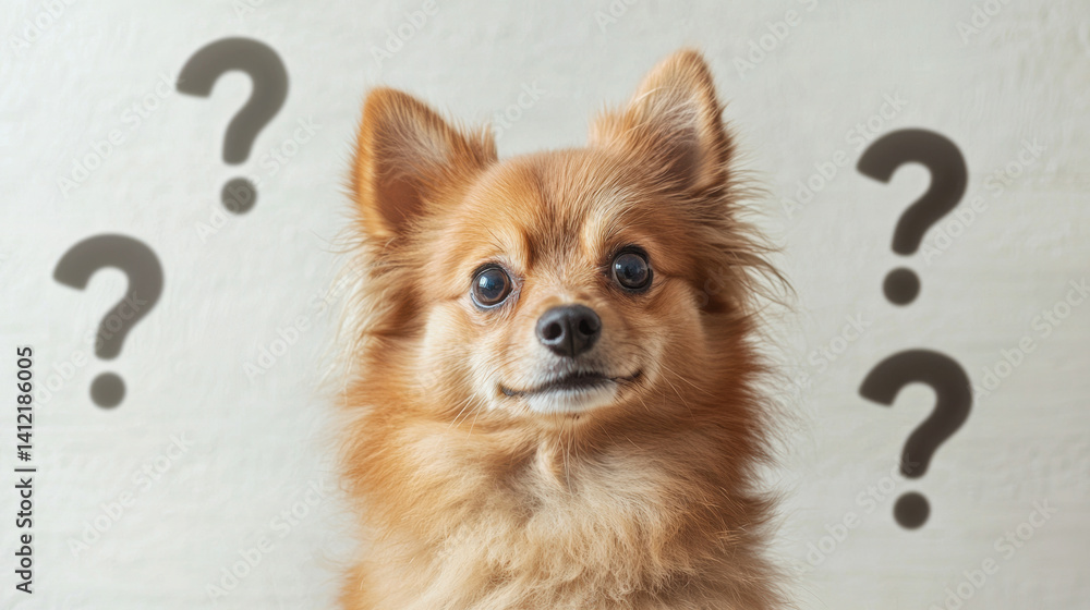 Poster small fluffy dog looking around with a clueless expression, surrounded by question marks, modern min