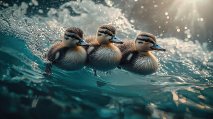 In a tranquil setting, three fluffy ducklings glide effortlessly on vibrant blue water. Sunlight reflects off the waves, creating a captivating atmosphere