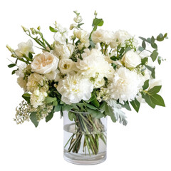 White flowers in a vase on transparent background.