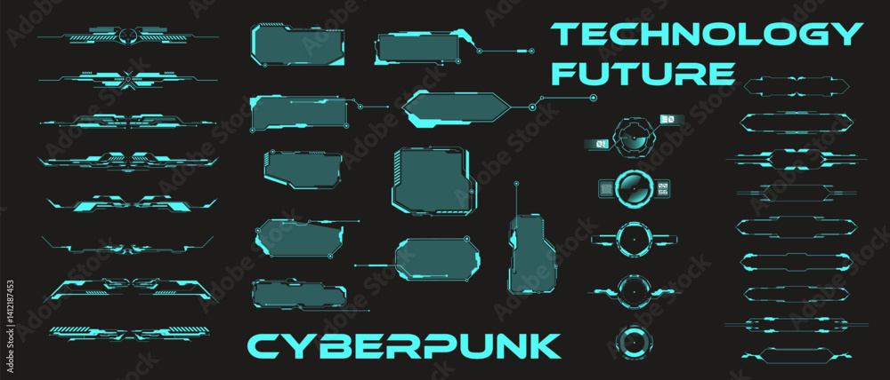 Fototapete elements in cyberpunk style. abstract geometric patterns. futuristic technology icons