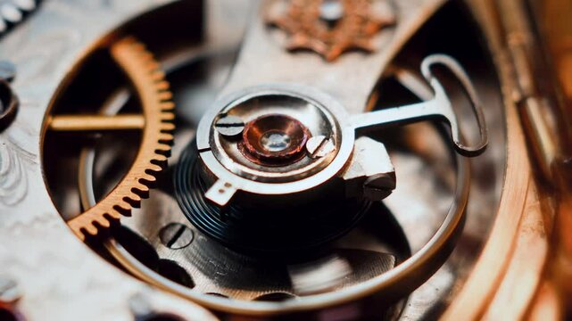 A detailed macro shot of a vintage watch&rsquo;s mechanical parts, focusing on the golden gears. This shot reveals the fine craftsmanship and precise design of the internal components.