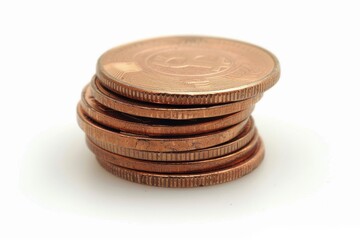 A carefully stacked arrangement of shiny copper coins on a clean white surface in soft lighting isolated on transparent background