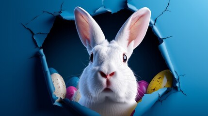 White Easter bunny with colorful eggs inside a blue cracked wall background, 3D render.