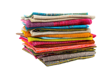 Bright fabric squares neatly stacked in a creative workspace for crafting isolated on transparent background