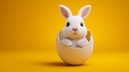 Cute white Easter bunny emerging from an egg, isolated on a yellow background. 3D rendering.