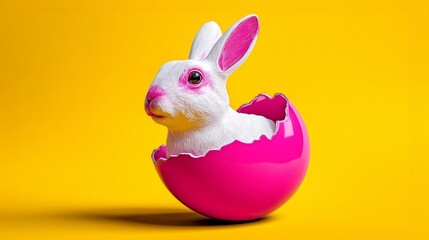  White rabbit inside a pink Easter egg, isolated on a yellow background. 3D rendering.