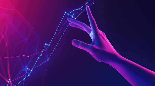 Hand interacts with digital data lines, creating a futuristic, tech-savvy visual