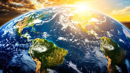 Fototapeta premium A Celestial View of Earth: Sunrise Over the Americas with Cloud Formations