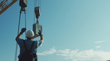 Crane operator communicating with a ground crew during heavy lifting. Featuring precision and coordination