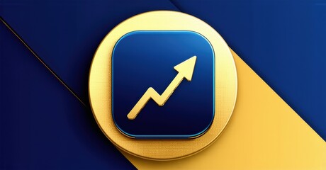 Vibrant navy blue and gold corporate finance app icon with balance sheet and stock market ticker three dimensional glossy style round square shape modern app icon bold vibrant