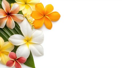Fototapeta premium Vibrant tropical plumeria flowers in yellow orange white and pink hues arranged on a lush green palm leaf against a stark white background creating a beautiful floral composition