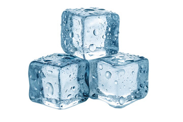 Three glistening ice cubes, cool and refreshing, perfect for a summer drink, capturing the purity of frozen water with a crisp, clean look.