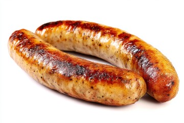 Delicious Grilled Bratwurst Pair for Festive Meal Juicy Gourmet Delight on White Background Closeup Shot