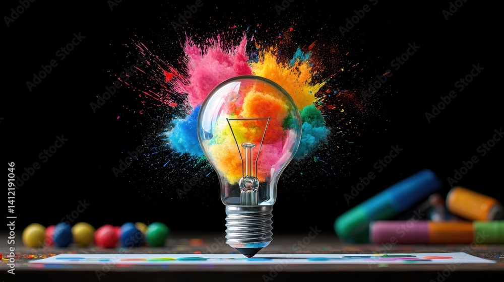 Poster a symbolic representation of ideas, a lightbulb filled with vibrant, exploding colors.