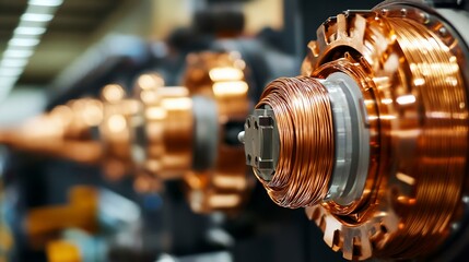 Close-up of copper wire coils in a high-tech industrial machine component