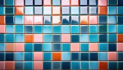 Vibrant geometric colorful square tiles in patterned wall design