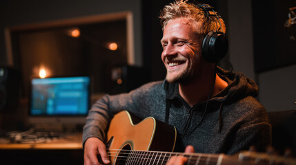 Obraz premium Smiling musician with guitar in recording studio