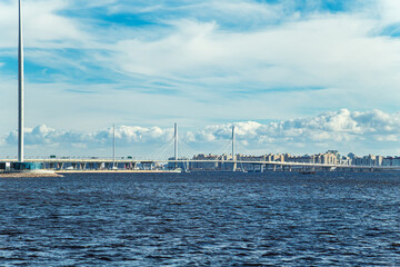 Cable-stayed road bridge across the Korabelny fairway of the Gulf of Finland.