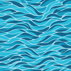 Stylized seamless pattern of ocean waves in shades of blue. Fluid abstract background representing water flow. Perfect for textiles, wrapping, and summer themes.