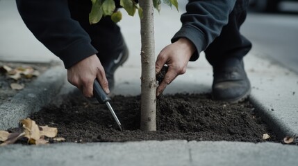 Landscaper planting trees along a new sidewalk. Featuring sustainability and urban landscaping