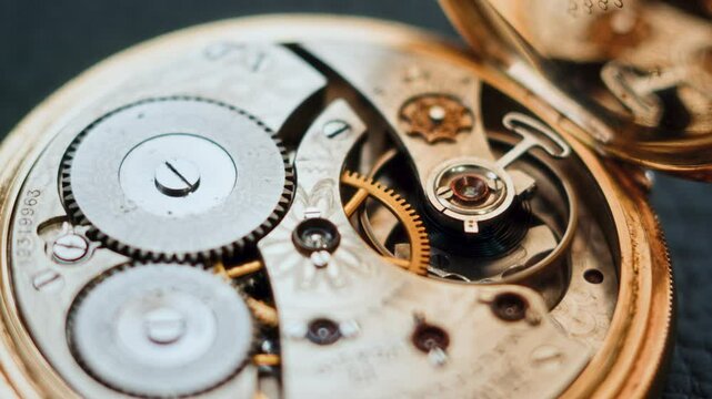 This slow-motion close-up highlights the fine mechanics of a vintage pocket watch, focusing on its intricate gear system. The camera pans from left to right, revealing the precision of the watch.