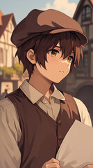 Anime Boy in Vintage Outfit with a Pensive Expression