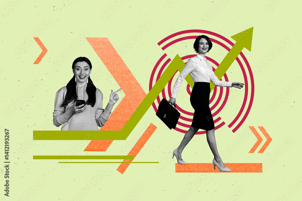 Aufkleber pop poster collage of people pointing arrows use gadget walk increase up on green color background
