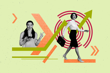 Pop poster collage of people pointing arrows use gadget walk increase up on green color background