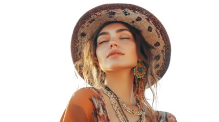 Stylish young woman in a boho summer outfit, beaded jewelry, glowing skin, against white background, high fashion editorial style, png 