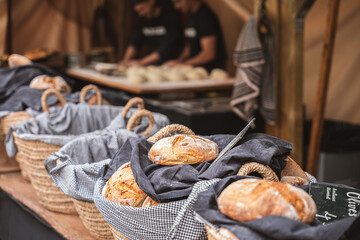 Artisan Bread Display at Outdoor Bakery.