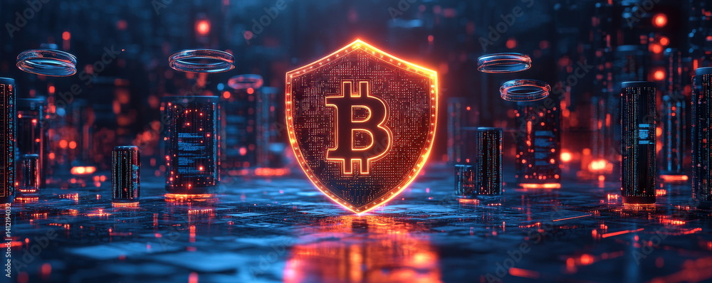 Aufkleber glowing shield with Bitcoin symbol is surrounded by floating digital elements, representing cybersecurity in futuristic digital landscape. scene is vibrant and high tech