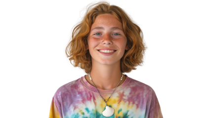 Smiling teenager with freckles and messy beach hair, wearing a tie-dye t-shirt and shell necklace png 