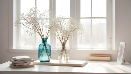 White frame mockup with books, manikin and a gypsophila in a vase on a white table.Portrait orientation.