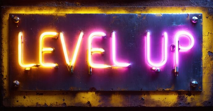 Bold neon level up in yellow and violet hues placed on steel plates with screws and high detail glowing textures