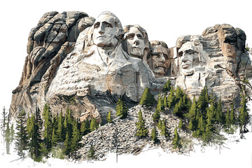 Obraz premium Artistic vector sketch of Mount Rushmore with isolated white background, textured rocks, and simplified forest base