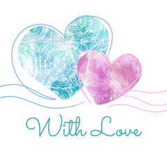 Aesthetic design with a pair of watercolor hearts and text With love. A gift card for mom, a woman, a loved one, a heartfelt holiday decor.