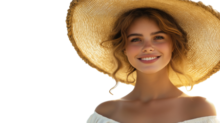 Portrait of a smiling young woman wearing a wide-brimmed straw hat and summer dress, beachy waves hairstyle, sun-kissed skin, standing against a pure white background, PNG format,