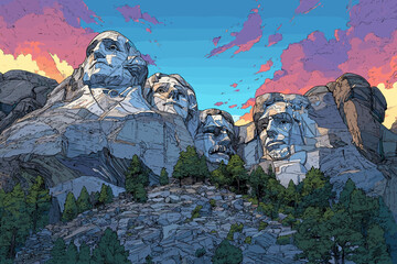 Colorful vector of Mount Rushmore at sunset with expressive sky, detailed rock carvings, and forested foreground