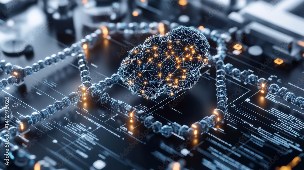 Fototapete digital representation of neural network is displayed on circuit board, symbolizing integration of artificial intelligence in technology. glowing connections highlight data flow