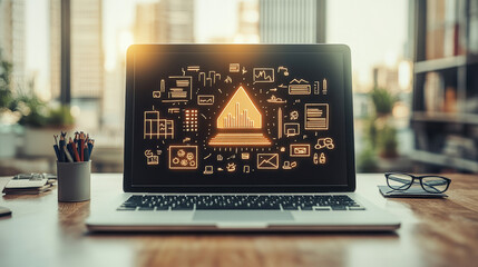 laptop displaying glowing digital interface with various icons and graphs, symbolizing data analysis and technology in modern office setting. scene is vibrant and dynamic