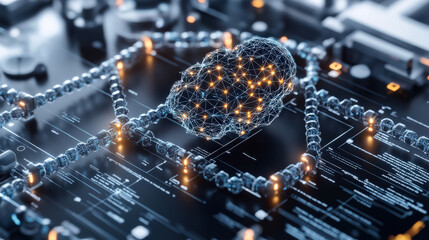 digital representation of neural network is displayed on circuit board, symbolizing integration of artificial intelligence in technology. glowing connections highlight data flow