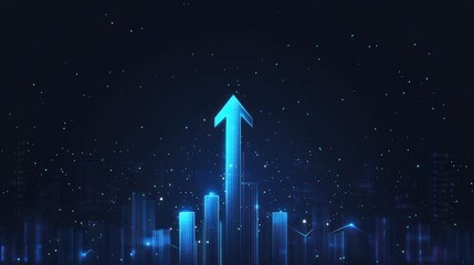 Digital arrow over futuristic cityscape. Progress, growth, and financial upward trend illustrated