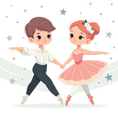 Pretty and gentle a pair of ballerinas dancing with stars on white background. Poster, Banner, Flyer, Greeting Card. Vector illustration in flat cartoon style